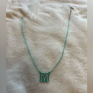 M Necklace green with silver sparkle M, for young girl